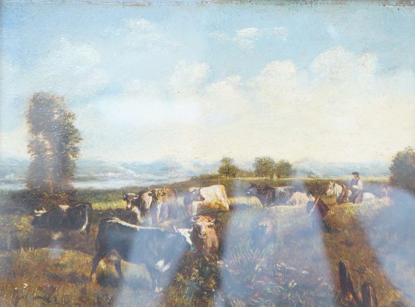 Manner of Thomas Sidney Cooper (1803-1902), Herding cattle, oil on board, 20 x 26cm, ornate gilt frame